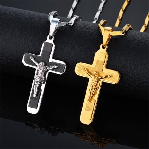 Mens Bible Cross Jesus Piece Pendant Necklace Black Gold Stainless Steel Christ Crucifix Necklace Male Christian Jewery