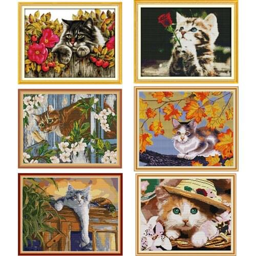 Joy Sunday printed cross-stitch kit cat pattern 14ct and 11ct count printed canvas needle embroidery DIY handmade needlework kit