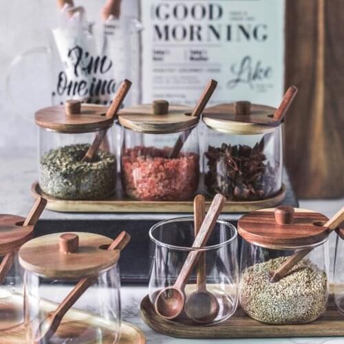 Spice Jars Container Set Wooden Lid Airtight Glass Jar With Spoon Salt Sugar Pepper Herbs BBQ Seasoning Bottle Kitchen Tools