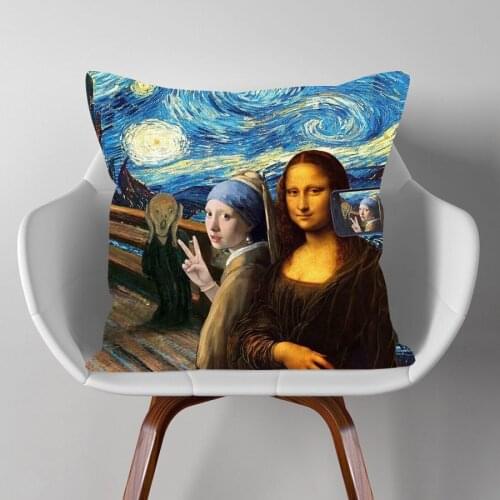 Van Gogh Oil Painting Mona Lisa Cushion Covers Girl Portrait Famous Art Pillow Case 45X45cm Linen Sofa Decoration