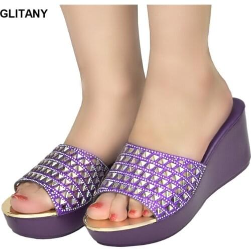 Latest Women Bling High Heel Pumps Ladies Wedding Shoes with Rhinestone Wedges Slides Party Sandals Platform Slipper Peep Toe