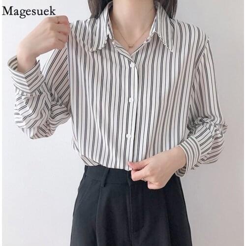 New Spring Office Lady Long Sleeve Shirt Tops Single-breasted Loose Striped Shirts Blosue Casual Plus Size Blouses Blusas 12695