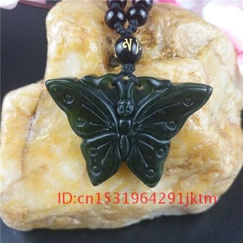 Charm Obsidian for Chinese Green Black Necklace Pendant Amulet Jewelry Butterfly Accessories Men Gifts Carved Jade Natural