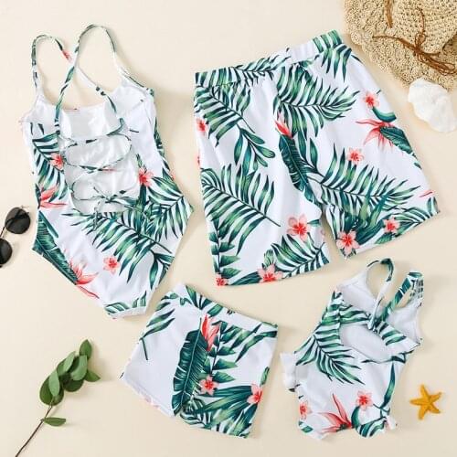 Beach Swimsuit Family Matching Outfits Backless V-neck Mother Daughter Swimwear Mommy Me Bikini Dresses Father Son Swim Shorts