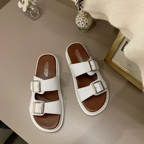 Sandals for Women Leather Metal Detailed Ankle Buckle Strap Summer Beach Ladies Slippers Womens Sandals Low Heel Shoes Slippers