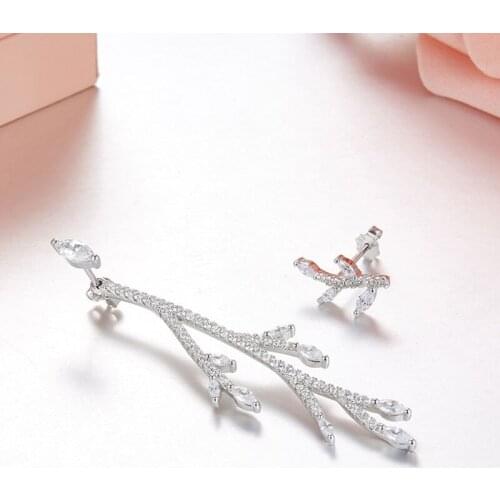 SOELLE Fashion 925 Sterling Silver 3 Gold Color Asymmetric Tree Branch Leaf AB Earrings Micro Zircon Stones Women Fine Jewelry