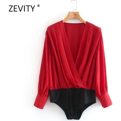 Zevity 2021 Women Fashion Cross V Neck Patchwork Bodysuits Office Lady Press Pleated Casual Slim Siamese Chic Romper LS7296