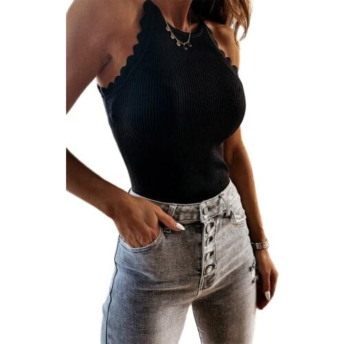 Women Summer Sleeveless Tank Tops Solid Color Ribbed Knit O-neck Lacework Camisole Lady Sexy Slim Clubwear