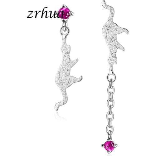 ZRHUA New 925 Sterling Silver Drop Earring Women Jewelry Cute Cat Pendant with Red Zircon Stone Earrings for Women Party Gift