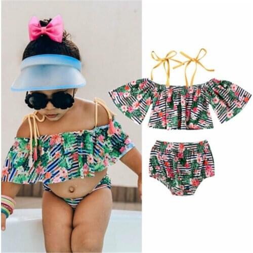 1-6 Years Baby Girl Swimwear 2020 Summer Striped Swimwear Floral Off Shoulder Ruffle Crop Tops+Shorts Girls Holiday Beach Suit