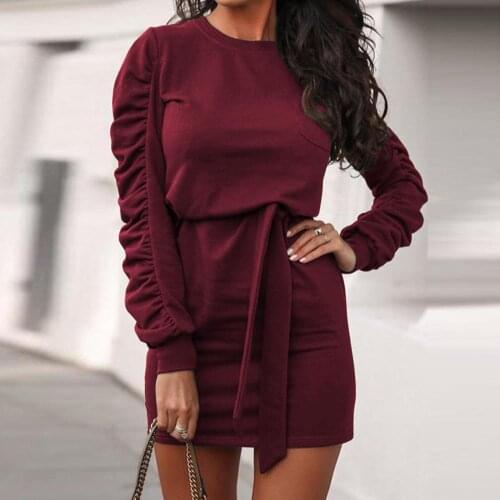 2021 New Autumn Long Sleeve Casual Pleated Winter Solid Women Round Neck Sashes Dress Female Bandage Mini Dress