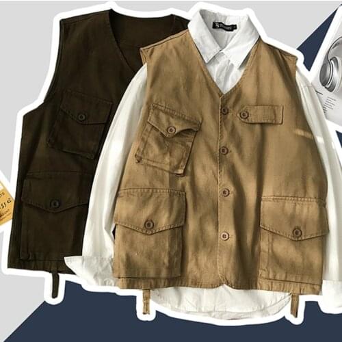 Cotton Vest Mens Fashion Solid Color Retro Casual V-neck Vest Jacket Men Streetwear Wild Loose Gilet Coat Mens Large Size M-5XL