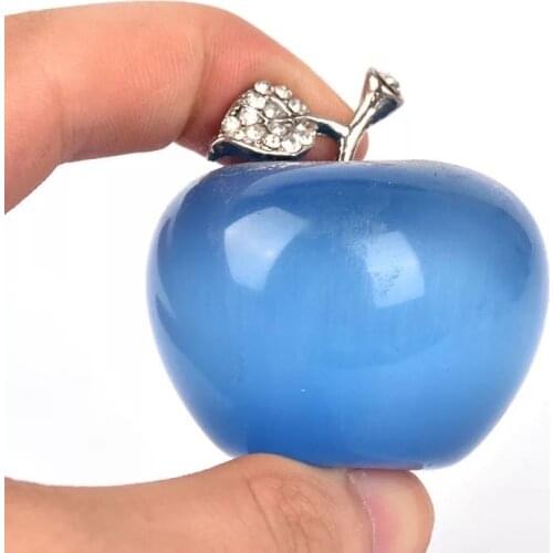 MOKAGY Natural Blue Cat Eye Quartz Crystal Apple Carvings Figurine 40mm 1pc