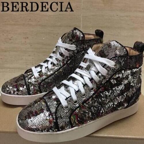 2021 Brand Berdecia Bling Sequined High Top Breathable Loafers Spring Walking Outdoor Lace-Up Flats Bottom Sneakers Large Size