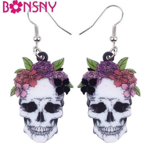 Bonsny Acrylic Halloween Smile Flower Skull Earrings Dangle Drop Big Long Novelty Punk Jewelry For Women Girls Ladies Teen Party