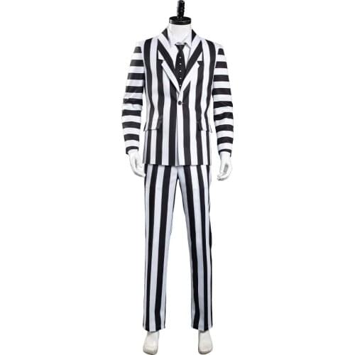 Beetlejuice Adam Cosplay Costume Black and White Striped Suit Men Coat + Shirt + Tie + Pants Uniform Outfits Halloween Carnival