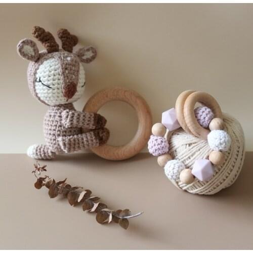 Baby Pacifier Clip Chain Dummy Holder Wooden Teething Bracelet DIY Crochet Animal Deer Teether Infants Rattle Soother Molar Toy
