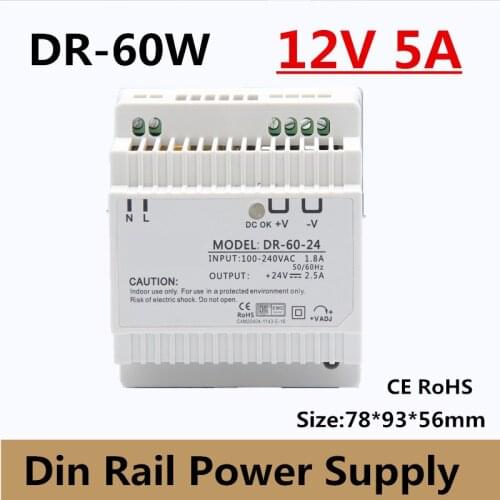 DR-60-12) Free Shipping CE RoHS Certificated 60w 12v 5A Din Rail Switching Power Supply For Industry ac-dc 12v 5a power supply
