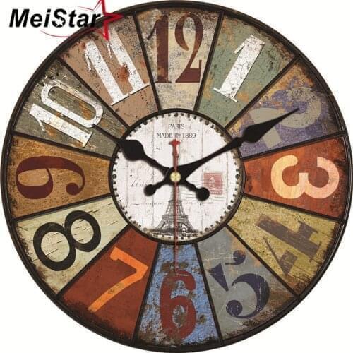 Round Wall Clock Vintage Wooden Rustic Country Style Colorful Arab Numerals Retro Wall Clocks Quartz Quiet Clock for Home Desk