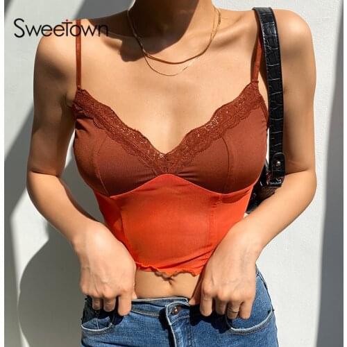 Sweetown Lace Edge Cute Crop Top Female 90s Sweety Girls' Y2K Streetwear V Neck Transparent Sexy Mesh Tops Summer Clubwear