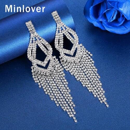 Minlover New Fashion 2019 Rhinestone Tassel Drop Earrings for Women Silver Color Hollow Pendant Earrings Wedding Jewelry MEH1638