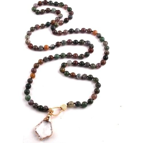 Fashion 8mm long knotted Natural Stone Gold-color Zircon Pave Lobster Clasp Crystal Pendant Necklace For Women Jewelry