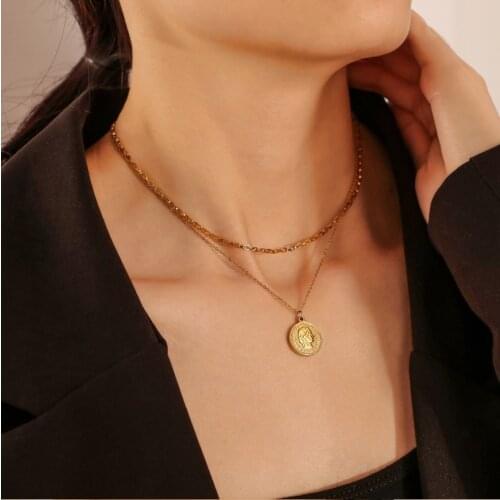 316L Stainless Steel Fashion Fine Upscale Jewelry Vintage Coins 2 Layer Queen Avatar Charms Chain Necklaces Pendants For Women