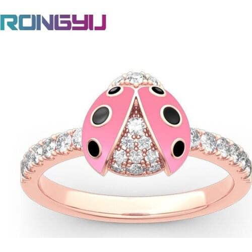 Fashion Lucky Pink Ladybug Ring Creative Plating 18K Champagne Gold Inlaid Shiny Zircon Cute Seven Star Ladybug Insect Ring