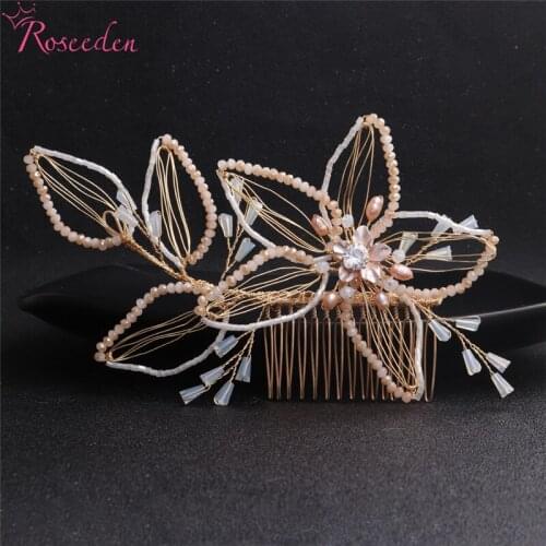 Fashion Bride Hair Comb Delicate Gold Flower Wedding Hair Combs Gorgeous Crystal Bridal Hair Accessories RE3564