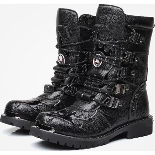 Mens Leather Motorcycle Boots Male Mid-Calf Snow Boots Military Combat Boots Gothic Belt Punk Boots Zapatillas Hombre