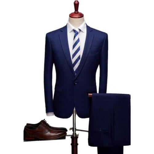 Mens Casual Formal Groom Suit Plaid Slim Fit Checked Suits Two Piece Vintage Jacket and Trousers
