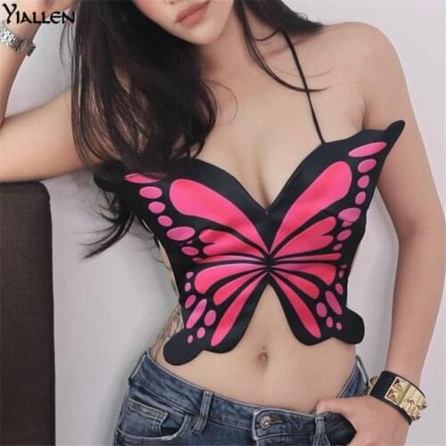 Yiallen New Butterfly Design Crop Tops Women Unique Print Backless Lace Up Wrapped Chest Female Sexy All-Matching Tanks Tees