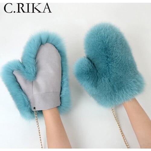 Autumn Winter Fox Fur Women Genuine Leather Fingerless Gloves Girl Outdoor Thick Warm Velvet Mittens Removable Chain Fur Gloves
