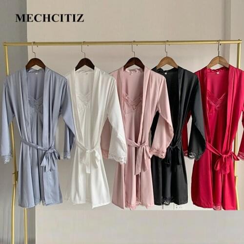 MECHCITIZ Autumn New Women Lace Kimono Robe Set Sexy Sleepwear Pajamas Silk Satin Lingerie 2Pcs Bride Bathrobe Home Suit