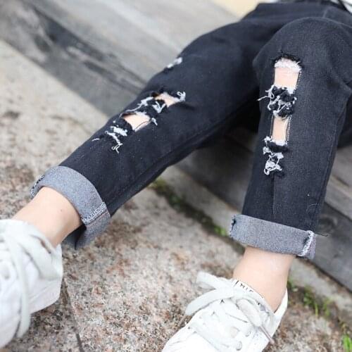 Autumn Jeans Girls Kids Cotton Denim Skinny Children Denim Pants boy Black/Blue Ripped Jeans for 2-10 Years Fashion Kids Jeans