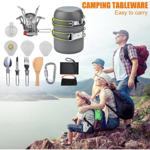 Outdoor Camping Stove Cookware Tableware Hiking Outdoor Pot Bowl Fork Spoon Table Knife Fork Stove Kit Picnic Camping Tools