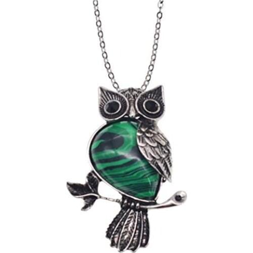 Antique Silver Plated Wisdom Owl Shape Rose Pink Quartz Pendant Malachite Stone Necklace Fashion Jewelry