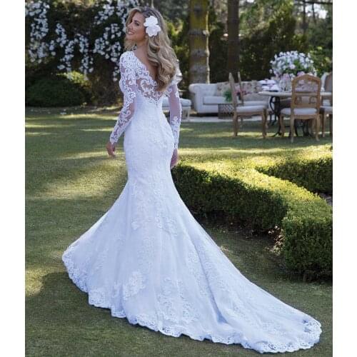 Sexy Wedding Dresses Mermaid Long Sleeve Tulle Lace Beaded Pearls Formal 2021 New Design Wedding Gowns Vestido De Noiva KW11