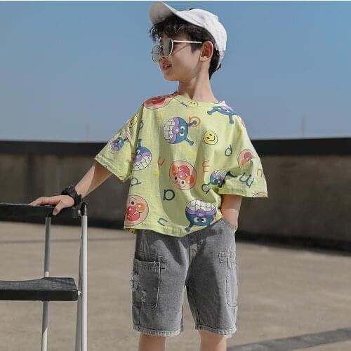 Boys Sets Summer Clothes Cartoon t-shirts and Denim Shorts Suit 2pcs Tracksuits Casual Loose tops Jeans Children clothing set