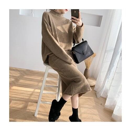 Top fashion ladies Real wool knitwear Skirts + Loose cozy female sweaters 2 pieces tracksuits