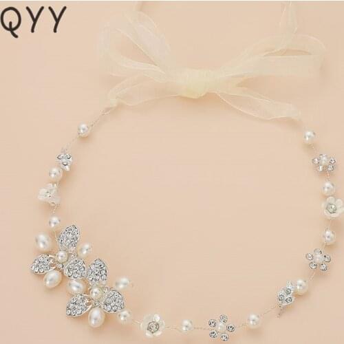 QYY Rhinestone Flower Wedding Headbands with Silk Band Hair Jewelry for Brides Hair Vine Tiaras Ivory Pearl Bridal Headpieces