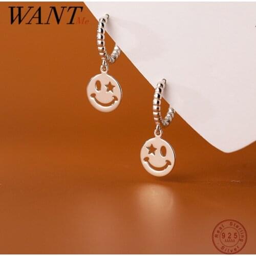 WANTME 925 Sterling Silver Lucky Smile Pendant Huggie Earrings Women Simple Rock Hip Hop Friendship Party Jewelry Accessories