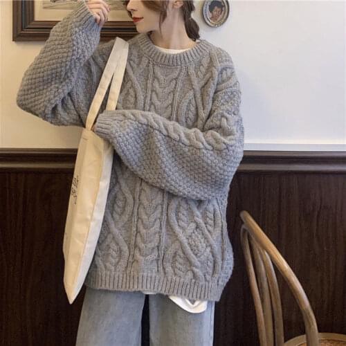Woman Sweaters Chandails Autumn Red Cable-Knit Sweater Womens Loose Outer Wear Long Sleeve Pullover Knitted Top