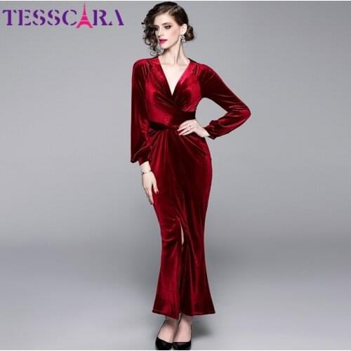 TESSCARA Women Long Maxi Elegant Velvet Dress Festa Female Designer V-neck Office Party Robe High Quality Cocktail Vestidos