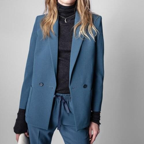 Women Coat 2021 Fall and Winter Solid Color All-match Long-sleeved Dark Blue Blazer