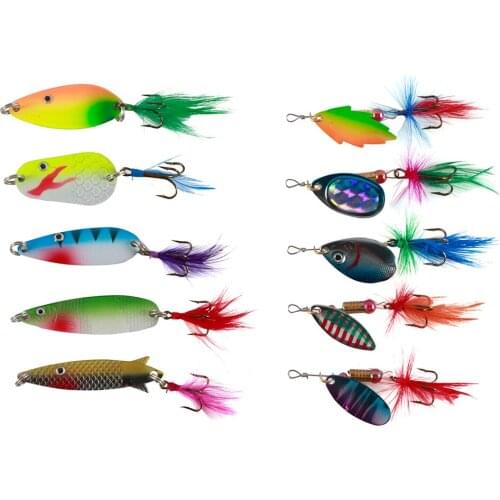 10pcs Spoon Lures Spinner Kit with Feather Treble Hooks for Pike Bass Rotation Fishing Sequins Hard Bait Artificial Tackle