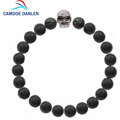 2017 New Arrival Diy Trendy Skull Charm Bracelets 8MM 10MM For Men Black CZ Skull Head Men Bracelets Lava Stone Jewelry Gift