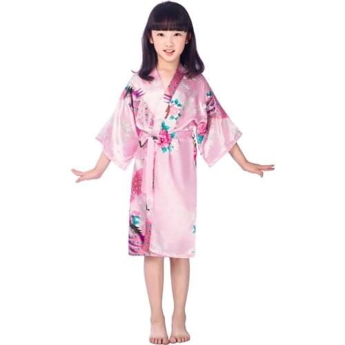 2021 New Girls Satin Kimono Robes Wedding Bridesmaid Party Girls Bathrobes Peacock Nightgown Sleepwear Girls Robes B22