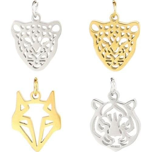 5pcs/lot 13x11mm Stainless Steel Leopard Wolf Tiger Head Charms for Jewelry Making DIY Bracelet Necklace Handmade Animals Charms