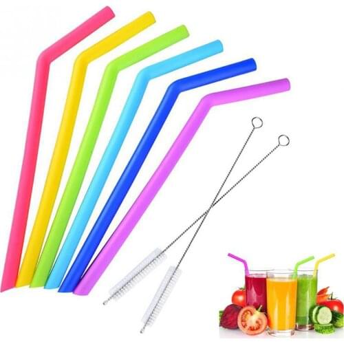 6Pcs Drinking Silicone Straws Set with Brushes Reusable Washable Bent Supply